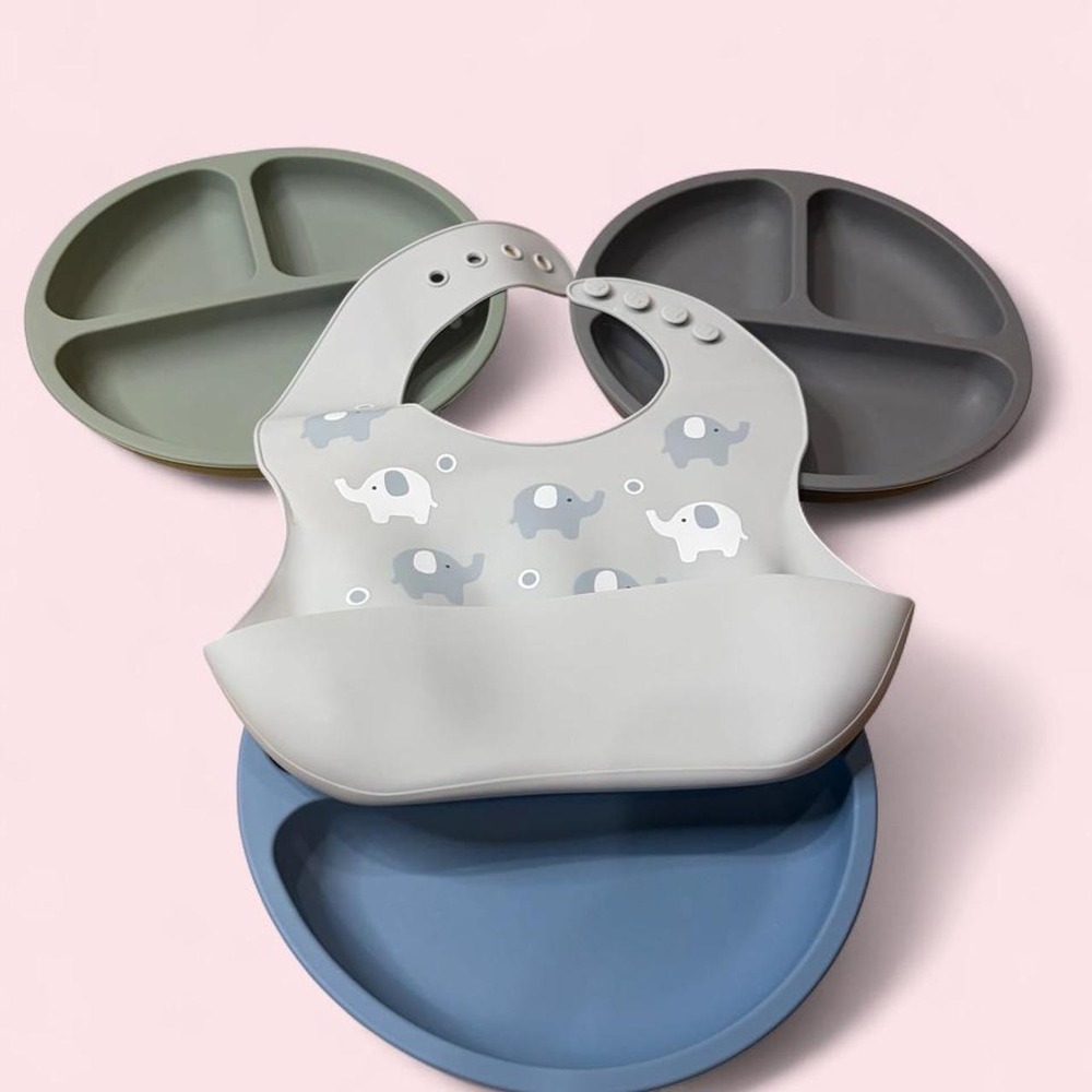 WeeSprout Silicone Toddler Feeding Set 3 Suction Plates Elephant Bib Blue Green